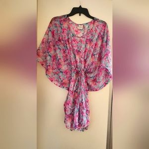 California Woman purple floral drawstring sheer dress 🩷